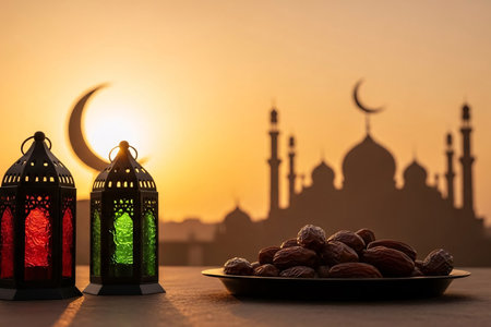 Mosque silhouette with crescent moon architecture during golden hour capturing the spiritual Eid atmosphere with decorative lanterns and a tray of dates in the foreground.の素材