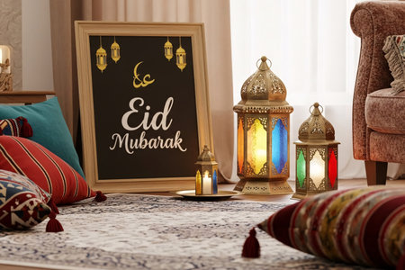 Eid interior home decor featuring a luxurious Middle Eastern living room with vibrant cushions Arabic carpets and brass Fanoos lanterns next to framed Eid Mubarak calligraphy.の素材