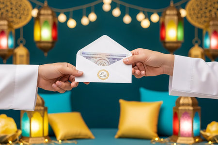 Eidiya Eid gift money exchange tradition with one Middle Eastern hand giving an elegant envelope to another hand against a festive Islamic holiday background.の素材