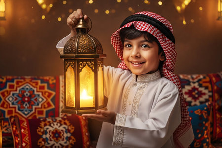 Eid child smiling and holding a glowing lantern in a beautifully decorated Middle Eastern interior with vibrant cushions and Arabic patterns creating a festive joy atmosphere.の素材