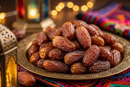 Dates still life featuring premium fresh dates on a traditional Middle Eastern brass tray surrounded by glowing lanterns and vibrant embroidered textiles with warm golden lighting.の素材