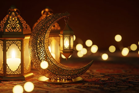 Crescent moon Islamic symbol sculpture placed next to glowing lanterns on a richly patterned cloth with soft bokeh lights creating an elegant still life composition.の素材