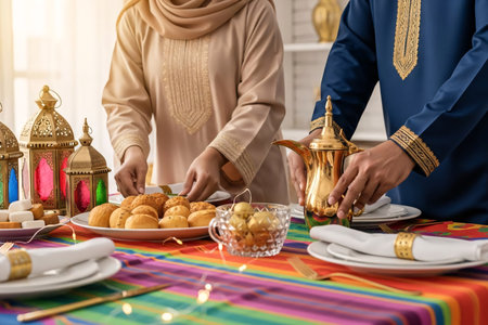 Eid couple in traditional festive clothing preparing a dinner table with sweets Arabic coffee set and vibrant lanterns in a Middle Eastern home for the cultural holiday.の素材