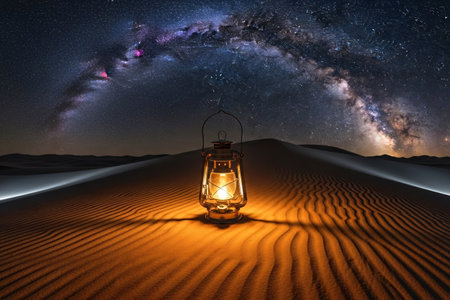 A brass lantern glowing in the desert sand dunes under a starry sky, with the Milky Way visible, creating a dreamy, magical ambiance perfect for Eid night celebrations.の素材