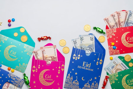 Eid money envelopes flatlay featuring colorful envelopes with gold foil prints scattered coins banknotes childrenâs sweets and mini crescent icons for a festive tradition.の素材