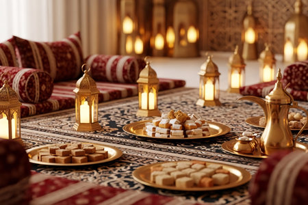 Luxury Eid decor featuring a hospitality setup with patterned carpets elegant cushions glowing lanterns brass plates of sweets and an Arabic coffee pot in a festive room.の素材