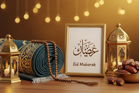 Prayer rug tasbih beads and glowing brass lanterns arranged with an Eid Mubarak calligraphy frame and a bowl of dates for a spiritual celebration still life.の素材