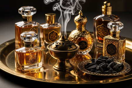 Oud burner still life featuring aromatic incense smoke premium Arabic perfume bottles resin oud chips and brass trays displaying Middle Eastern luxury in dark elegant lighting.の素材