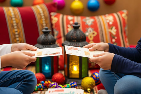 Eidiya gift exchange moment between two joyful Middle Eastern children celebrating the Eid cultural tradition with vibrant cushions and glowing lanterns in the background.の素材