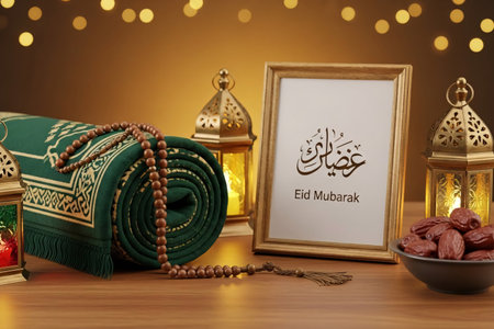 Prayer rug tasbih beads and glowing brass lanterns arranged with an Eid Mubarak calligraphy frame and a bowl of dates for a spiritual celebration still life.の素材