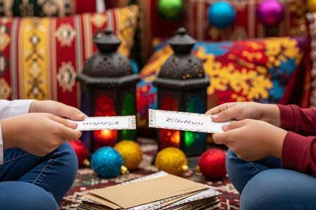 Eidiya gift exchange moment between two joyful Middle Eastern children celebrating the Eid cultural tradition with vibrant cushions and glowing lanterns in the background.の素材
