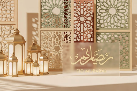 Islamic geometry decor featuring carved wooden panels brass lanterns and a modern acrylic sign with Eid Mubarak in a minimalist luxury aesthetic perfect for commercial banners.の素材
