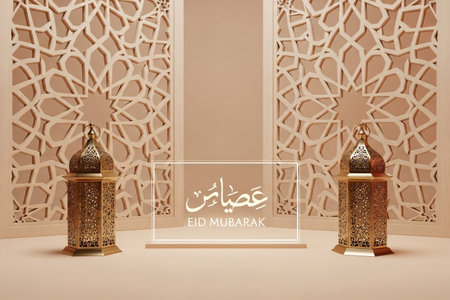 Islamic geometry decor featuring carved wooden panels brass lanterns and a modern acrylic sign with Eid Mubarak in a minimalist luxury aesthetic perfect for commercial banners.の素材