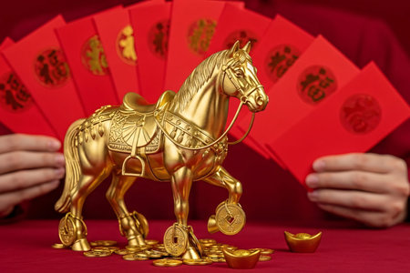 Chinese zodiac horse surrounded by golden coins and red envelopes, symbolizing wealth and prosperity, captured in a festive and auspicious setting.の素材