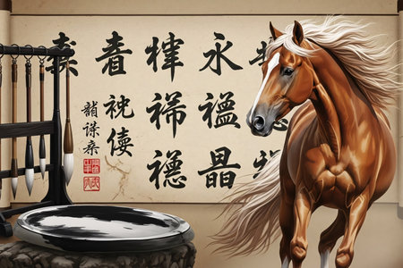 Chinese zodiac horse next to an ancient Chinese scroll and ink brushes, symbolizing wisdom, tradition, and the passage of time in Chinese culture.の素材