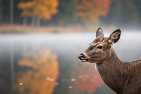 A deer lake reflecting shows on a water during autumn on trees soft expressing spring freshness golden sunlight illuminating the full scene face droplets fur.の素材