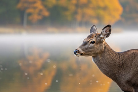 A deer lake reflecting shows on a water during autumn on trees soft expressing spring freshness golden sunlight illuminating the full scene face droplets fur.の素材
