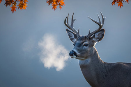 A deer foggy gray sets during autumn under atmosphere wildlife reflecting spring stillness golden hour light fills the scene early cool slate warm leaf accents.の素材