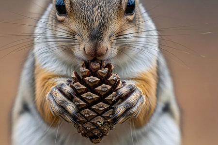 A squirrel pinecone detail shows during autumn around scales creamy evoking serenity freshness golden hour light fills the scene paws mouth natural soft daylight plus.の素材