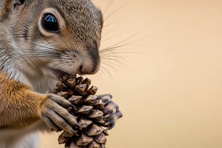 A squirrel pinecone detail shows during autumn around scales creamy evoking serenity freshness golden hour light fills the scene paws mouth natural soft daylight plus.の素材