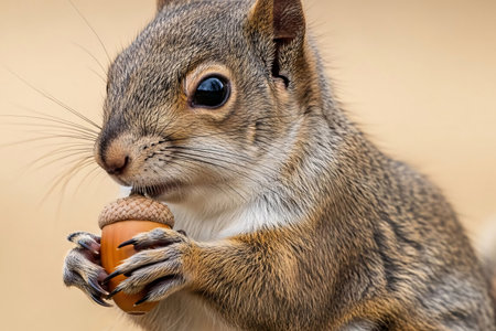 A squirrel acorn holding highlights during autumn along professional its highlighting tranquility renewal golden hour light fills the scene paws whiskers creamy texture tiny claws.の素材