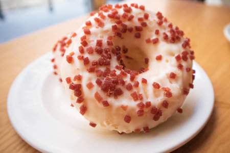 close up of two big white donuts with strawberry jellies on a white plate in a coffee cafe for a lovely coupleの写真素材