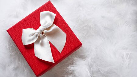 close up of  beautiful white and red gift box , christmas, valentine's or birthday present , in white feathers, wedding decorの写真素材