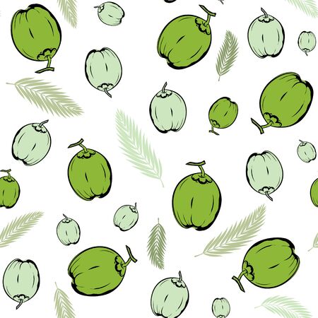 Palm leaves and coconut fruit green seamless background pattern ready for tiling in vector format. Pattern swatches included in file.のイラスト素材