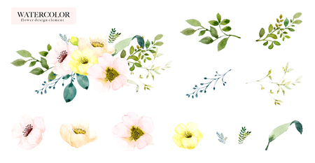 Set of watercolor design elements, hand painted floral branch. colorful flower with greenery, for wedding, poster, greeting card, invitation card. illustration isolated on white background.の写真素材