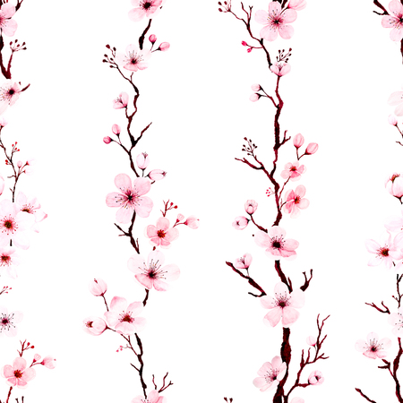 Seamless pattern with watercolor cherry blossom branches hand painted. Spring or summer decoration sakura design, Can be used for textile, web, background texture, wallpaper, wrapping. - Illustrationの写真素材