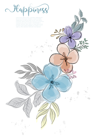 Hand drawn cute flowers blossom with black line and watercolor style. isolated vector use for design, greeting card, nature banner, Floral background. - Vectorのイラスト素材