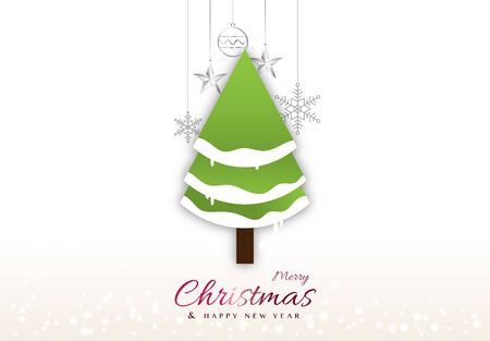 Minimal Merry Christmas design with christmas tree decoration paper cut and hanging background for greeting card covers, banner, headers, poster, postcardのイラスト素材