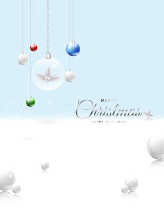 Merry Christmas background minimal decorative design with xmas crystal ball with holly. Bright blue winter background holiday composition for poster, greeting cards, bannerのイラスト素材