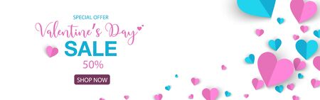 Valentines's Day banner sale promo with sweet heart shape paper cut style, Horizontal background use for wallpaper, invitation, posters, banners, headers, website, greeting cardsのイラスト素材