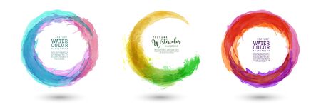 Circle splash colorful watercolor set. Stain artistic vector used as being an element in the decorative design of brochure, poster, card, cover or banner, icon.のイラスト素材