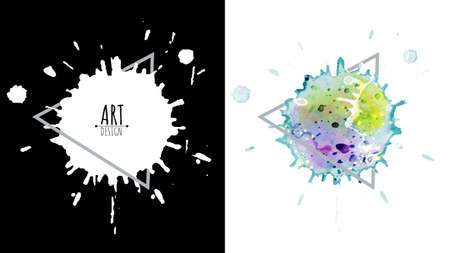 Black drops ink and colorful watercolor splash abstract design over square frame for text. Set for grunge splash textures background, vector used for decorative design.のイラスト素材