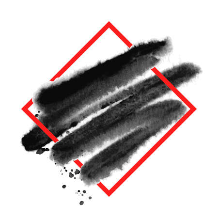 Black paint creative watercolor brush stroke design over red square frame for text. Abstract grunge splash textures background, vector used for decorative design.のイラスト素材