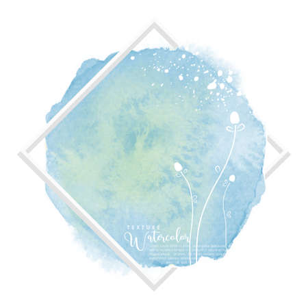 Circle blue paint creative watercolor brush stroke and flower design over white square frame for text. Abstract grunge splash textures background vector used for decorative banner design, icon, card.のイラスト素材