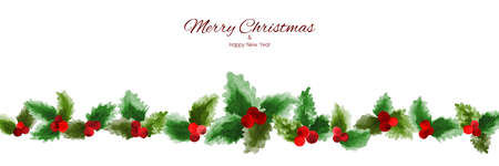 Christmas long banner with holly berry watercolor hand painted isolated on white background. Christmas design element, card, invitation, header, festival celebration.の写真素材