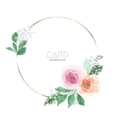 Pink and orange rose bouquet watercolor floral hand-painted on circle frame. Vector flower for wedding concept, invitation, greeting card or design for valentines day.のイラスト素材