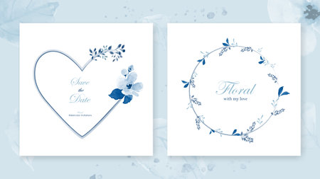 Set of cards heart frame and a wreath decorated with a bouquet flowers of beautiful blue watercolor leaves. Perfect for greeting cards, valentine's day festival, relationship, love, or wedding.のイラスト素材