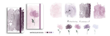 Set of nature watercolor art with beautiful flowers. Artistic vector elements isolated can be used to decorate covers, booklet, greeting cards, posters, brochures, or banners.のイラスト素材