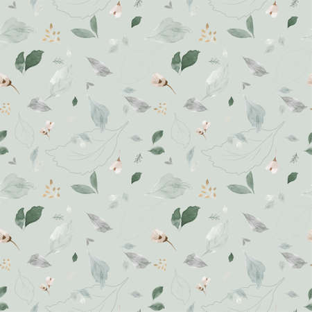 Seamless pattern with watercolor leaves. Natural leaves and flower watercolor hand-painted on green background, perfect for wedding, postcards, wrappers, fabric, or wallpapers.の写真素材