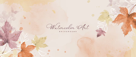 Abstract art autumn background with watercolor maple leaves. Watercolor hand-painted natural art perfect for design decorative in the autumn festival, header, banner, web, wall decoration, cards.のイラスト素材