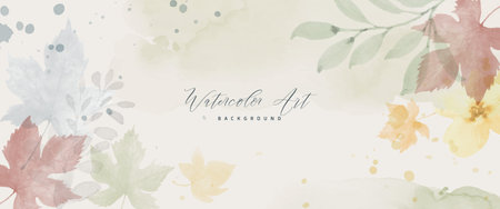 Watercolor abstract background autumn collection with maple and seasonal leaves. Hand-painted watercolor natural art, perfect for your designed header, banner, web, wall, cards, etc.のイラスト素材