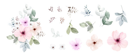 Set of floral bouquet watercolor elements isolated on white background. Botanical illustration collection of flower, leaves, and branches.の写真素材
