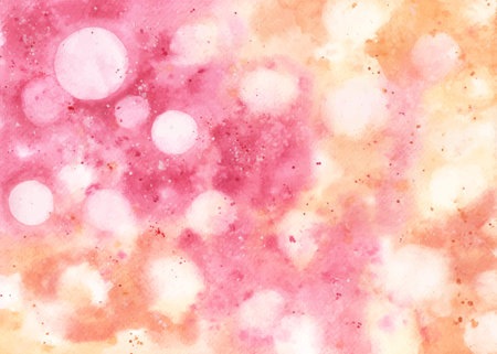 Abstract background with bokeh light on pink and orange watercolor stains. Texture watercolor hand-painted suitable for decorative festive background, celebration, poster, or cover.のイラスト素材