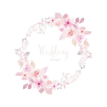 Watercolor wreath of light pink flower and leaves. Watercolor hand-painted with monochrome floral round frame isolated on white background. Suitable for wedding card design, invitation, Save the dateのイラスト素材