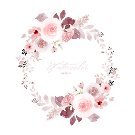 Watercolor wreath design with red pastel rose and leaves. Watercolor hand-painted with floral bouquet isolated on white background. Suitable for wedding card design, invitations, Save the date.のイラスト素材