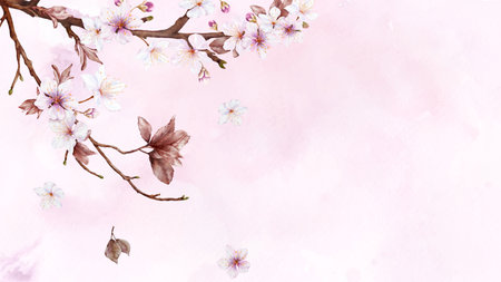 Watercolor art of Cherry blossom branch and pink sakura flower on stains background. Suitable for decorative banners, invitations, posters, or cards.の写真素材
